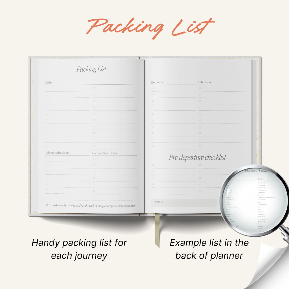 Open planner with 'Packing List' section and magnifying glass highlighting text.