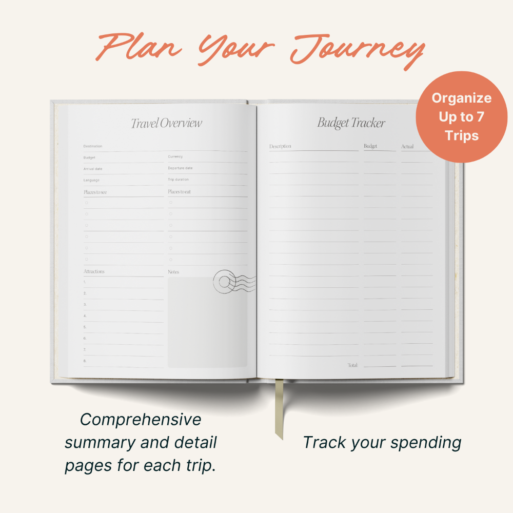 Open travel planner book with 'Travel Overview' and 'Budget Tracker' pages on a white background.