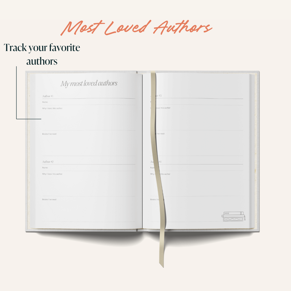 Open notebook with a page titled 'My most loved authors' on a white background.