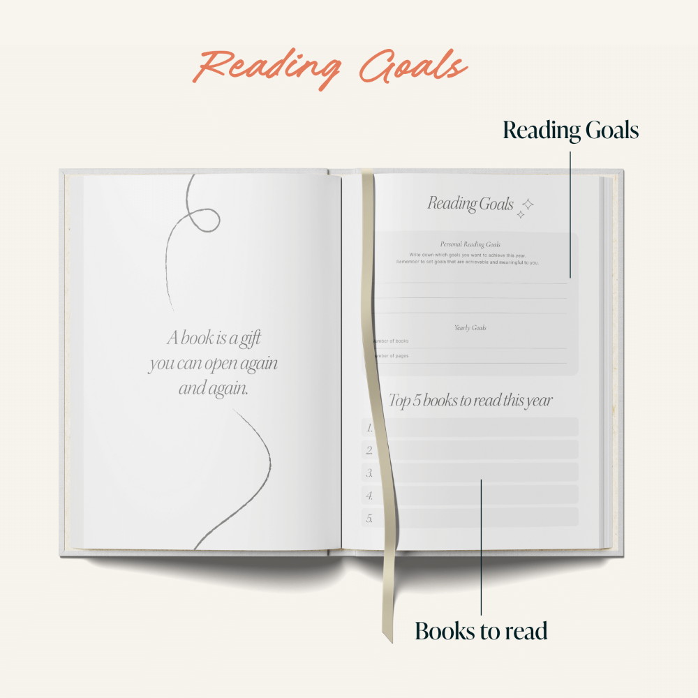 Open book with sections titled 'Reading Goals' and 'Books to read' on a white background.
