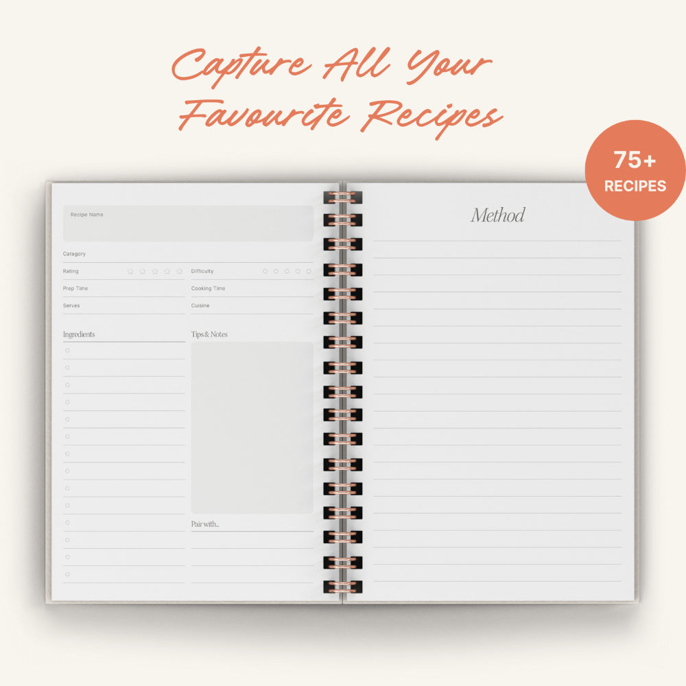 Recipe journal with spiral binding on a white background, featuring text 'Capture All Your Favourite Recipes' and '75+ Recipes'.