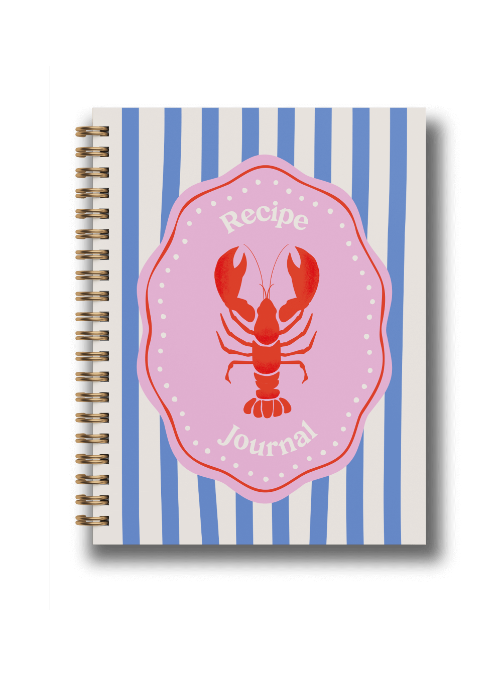 Recipe journal with lobster design on a blue and white striped background