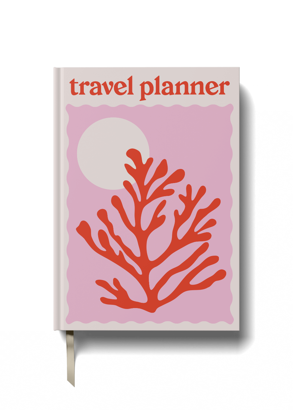 Travel planner with red coral design and 'travel planner' text on a pink background