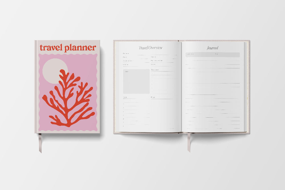 Travel planner with coral design on cover and open to a blank page