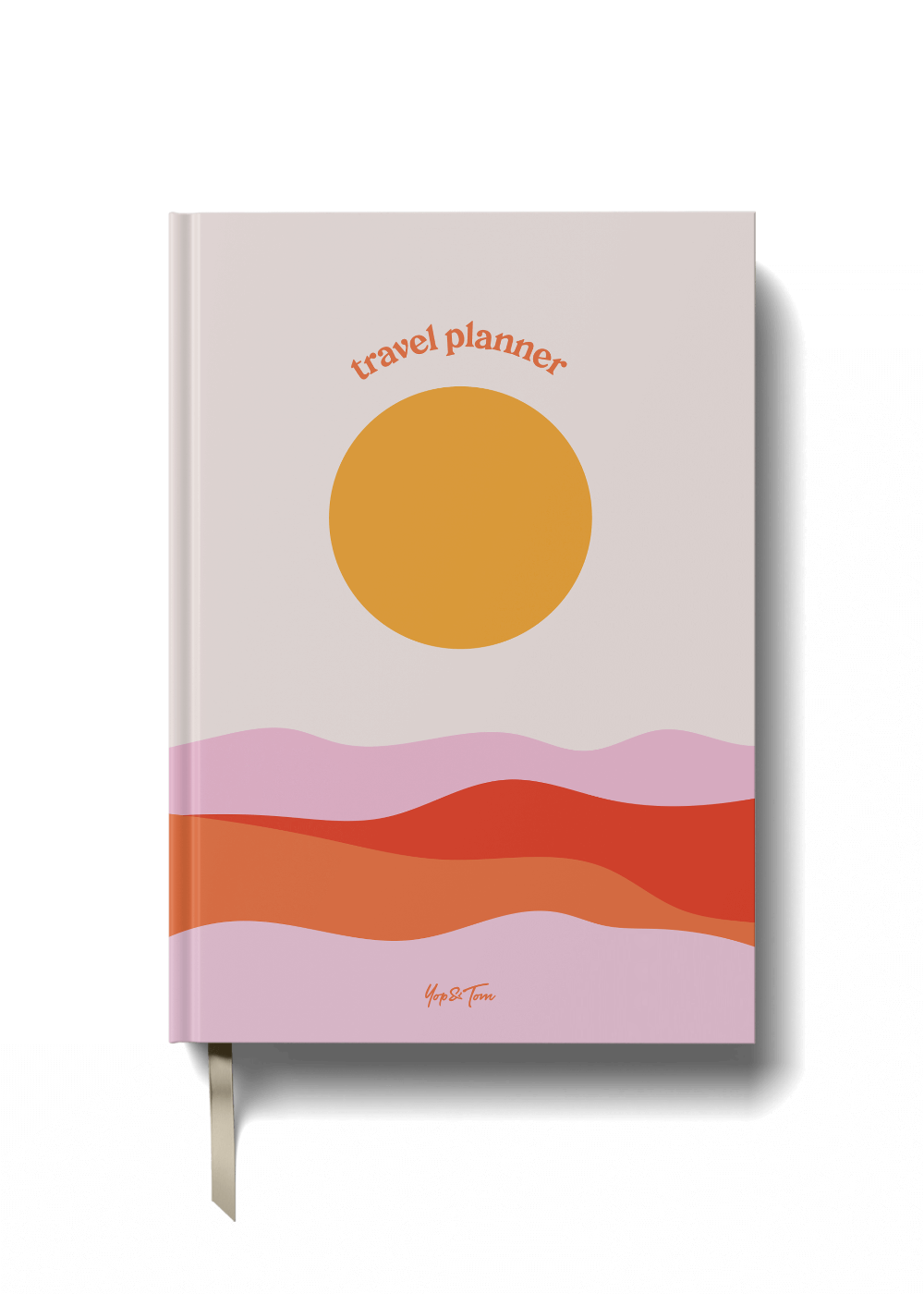 Travel planner with sun and landscape design on a black background