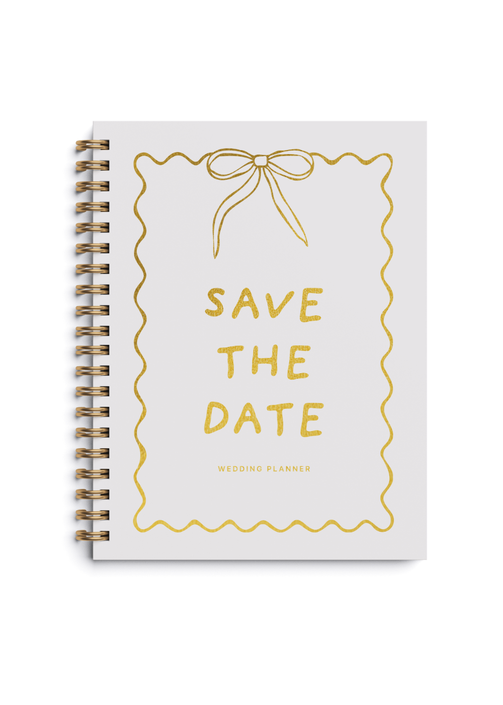 Notebook with 'Save the Date' design on a white background