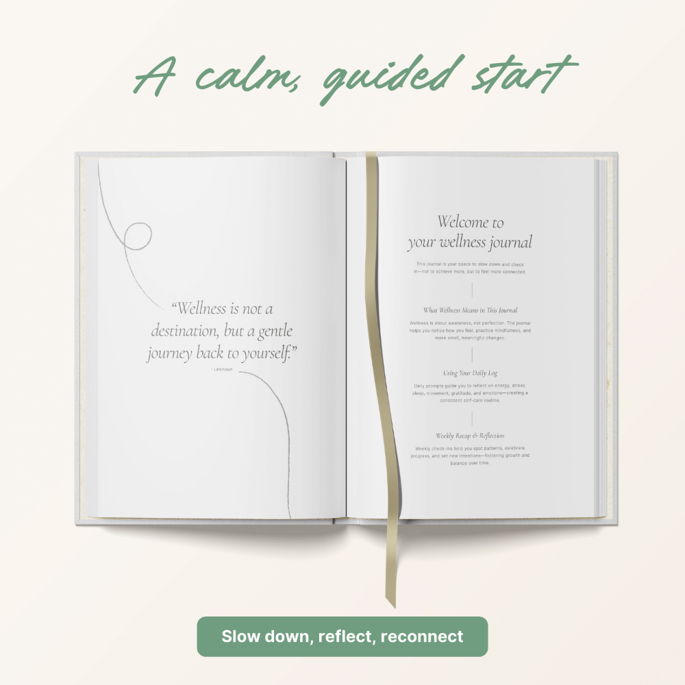 Open wellness journal with introductory text on a white background