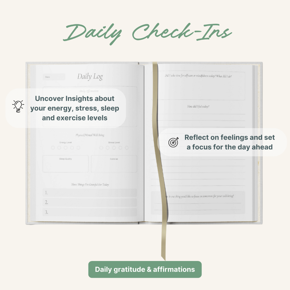 Open journal with daily check-ins and reflection prompts on a white background