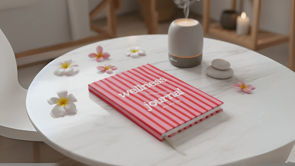 Pink wellness journal on a white table with flowers and a diffuser