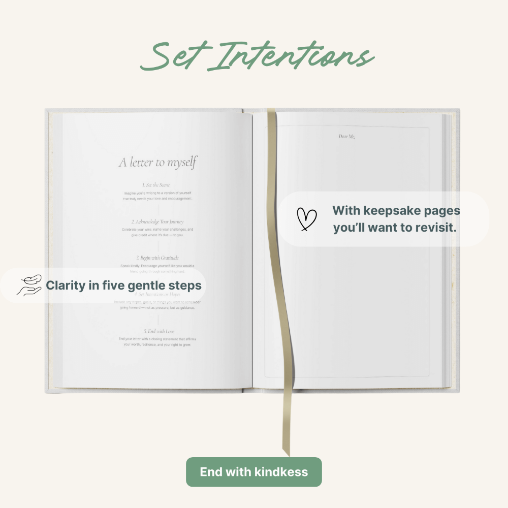 Open book with text on a white background, promoting a product or service related to setting intentions.