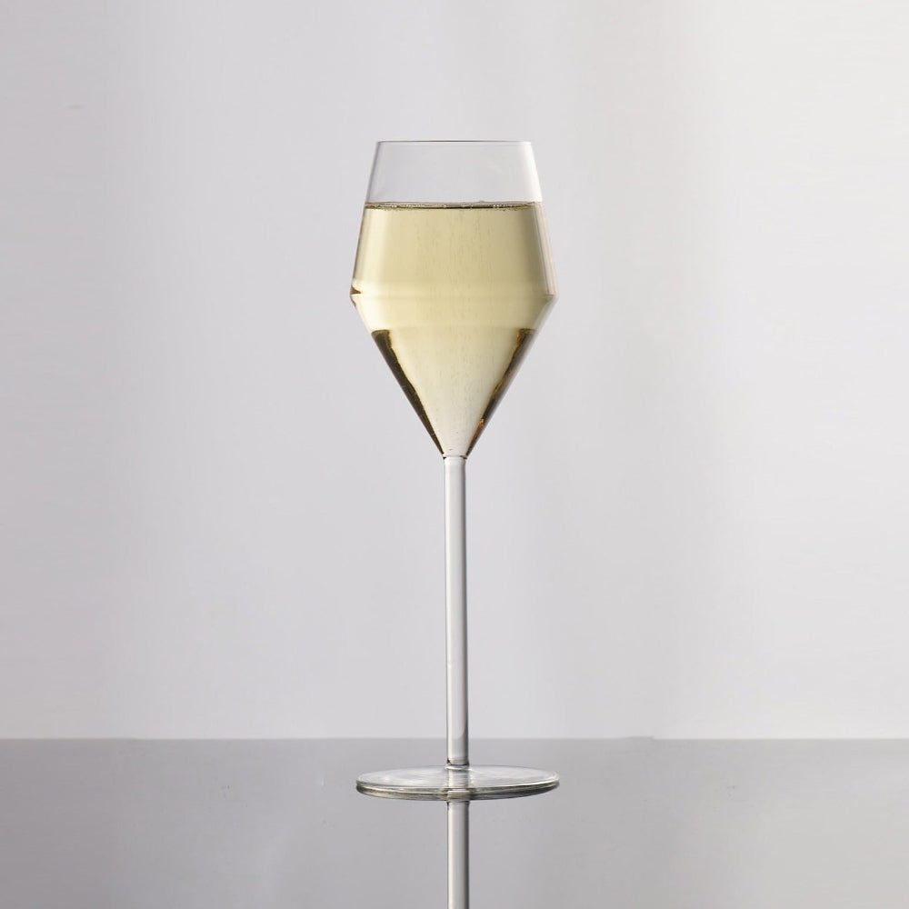 Aaron Probyn JUNIPER Prosecco glass with a geometric tulip bowl and long slender stem