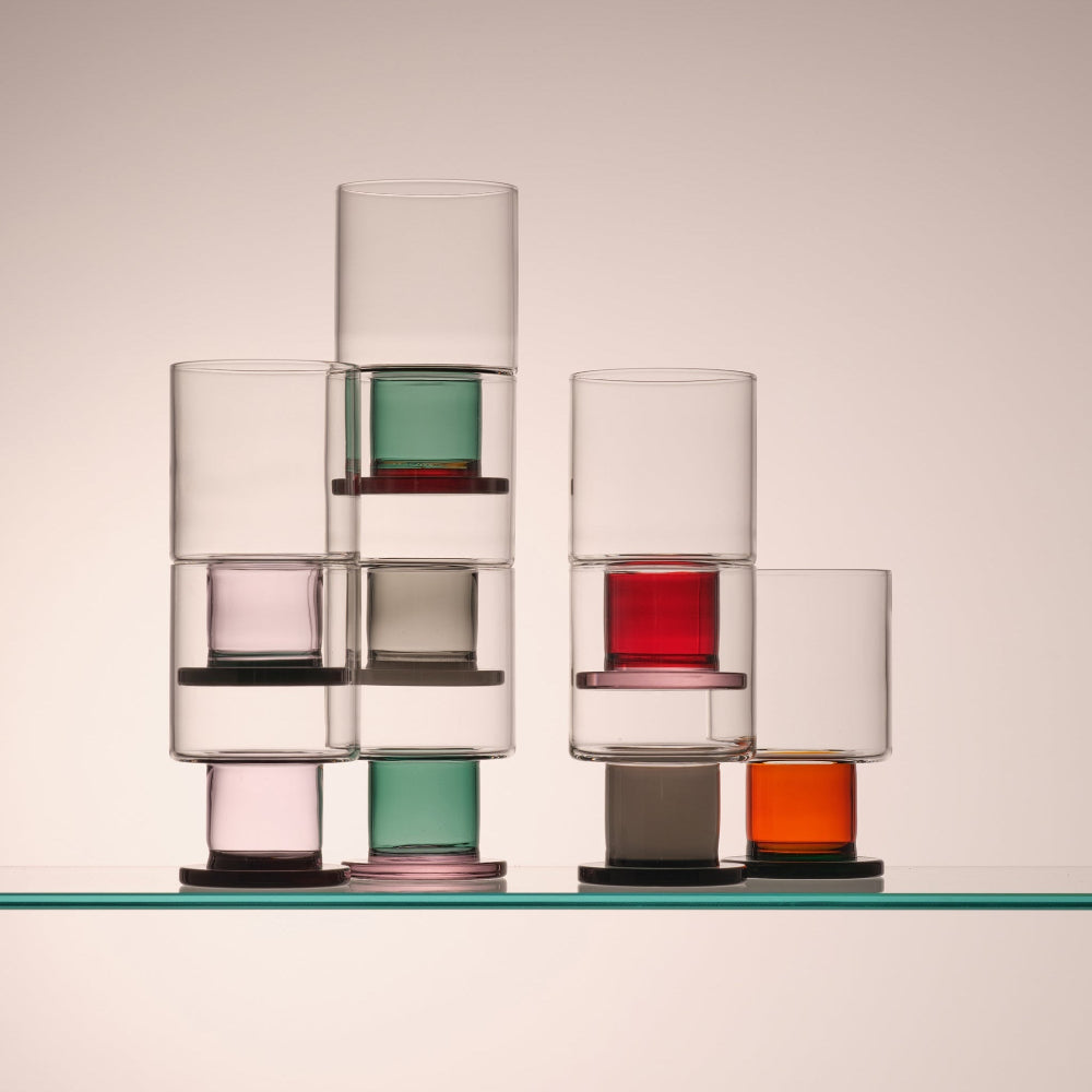 Collection of Aaron Probyn RYE wine glasses featuring contrasting coloured glass stems