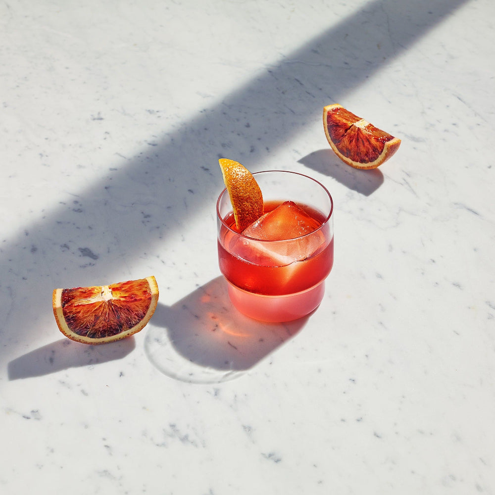 Aaron Probyn RYE short tumbler glass with clear body and opal white base