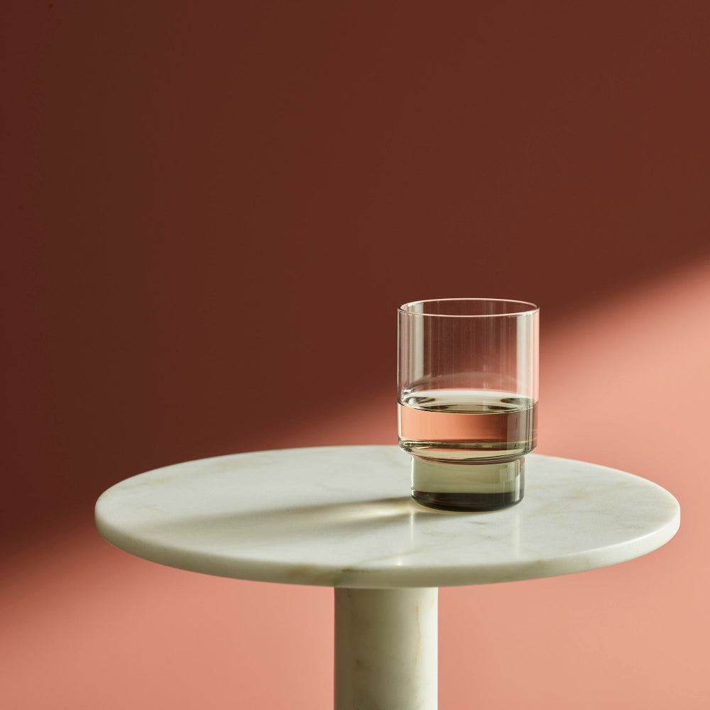 Aaron Probyn RYE stemless wine glasses with clear bodies and smoke-coloured bases