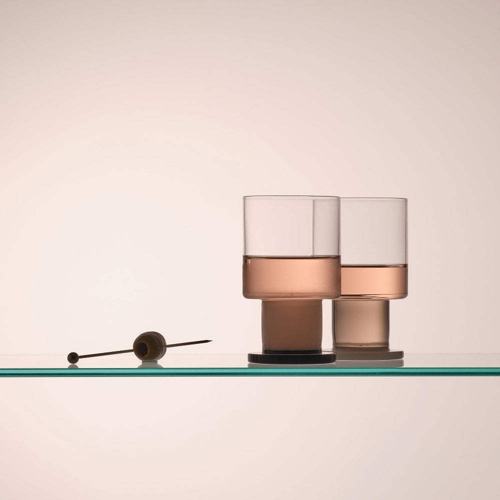 RYE stackable wine glasses by Aaron Probyn with opal white and smoke-coloured stems