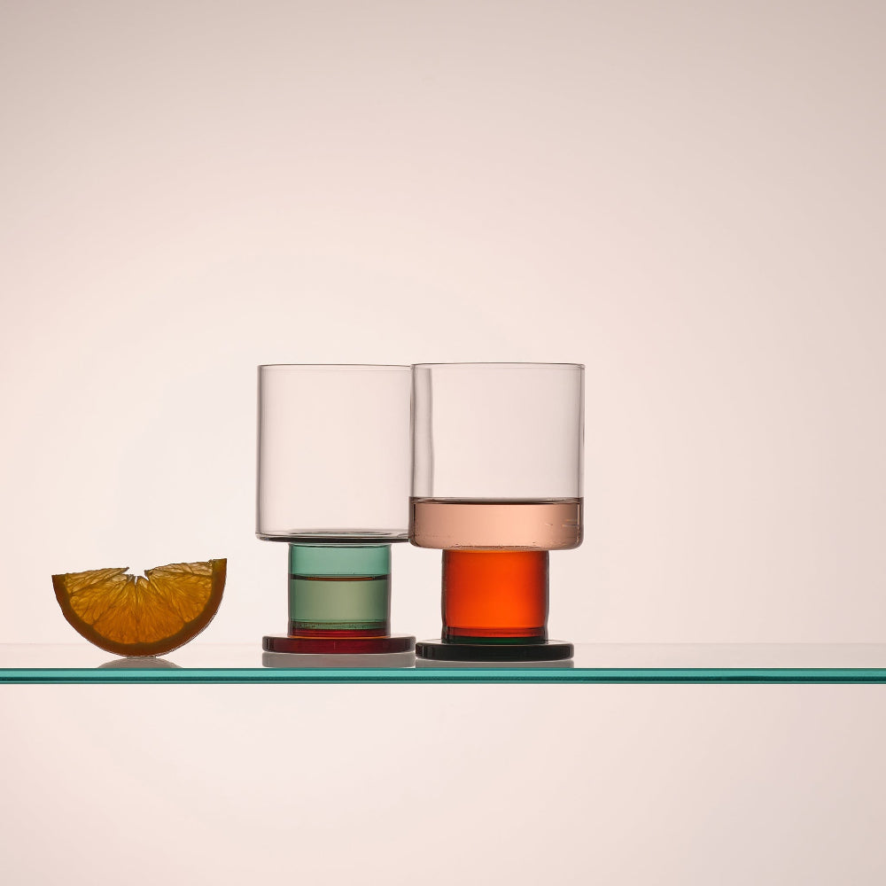 Aaron Probyn RYE wine glasses with contrasting teal and dark amber stems and bases