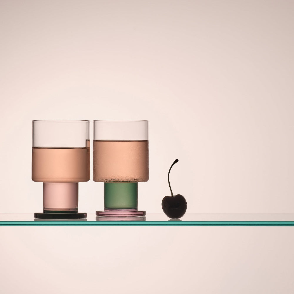 Pair of Aaron Probyn RYE stackable wine glasses with teal and pink coloured stems