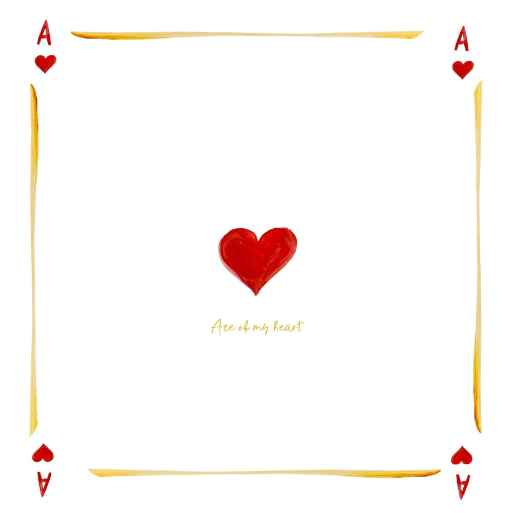 Ace of hearts playing card with red heart and 'Ace of my heart' text on a white background