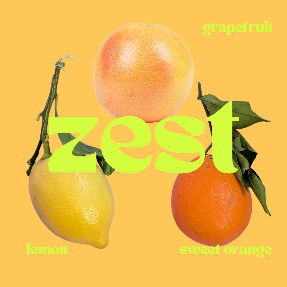 Three citrus fruits (lemon, grapefruit, sweet orange) on a yellow background with 'zest' text.