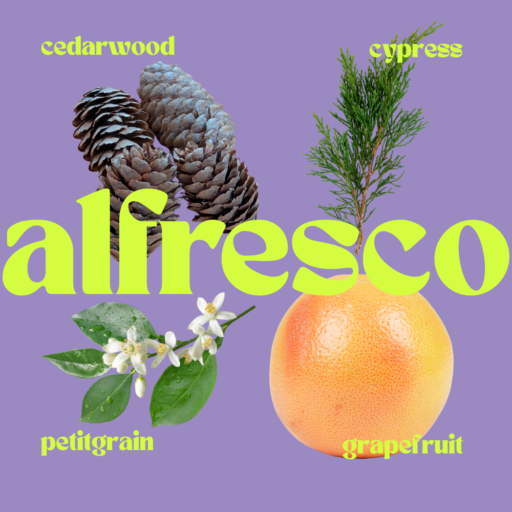 Product packaging with cedarwood, cypress, petitgrain, and grapefruit elements on a purple background.