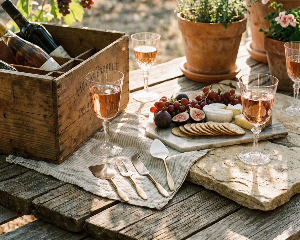 Outdoor setting with wine glasses, cheeseboard, and picnic basket on a wooden table.