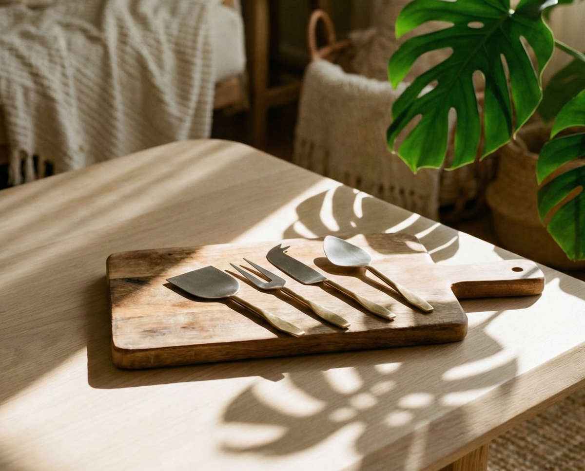 Wooden cutting board with cheese knives utensils on a table with a plant in the background