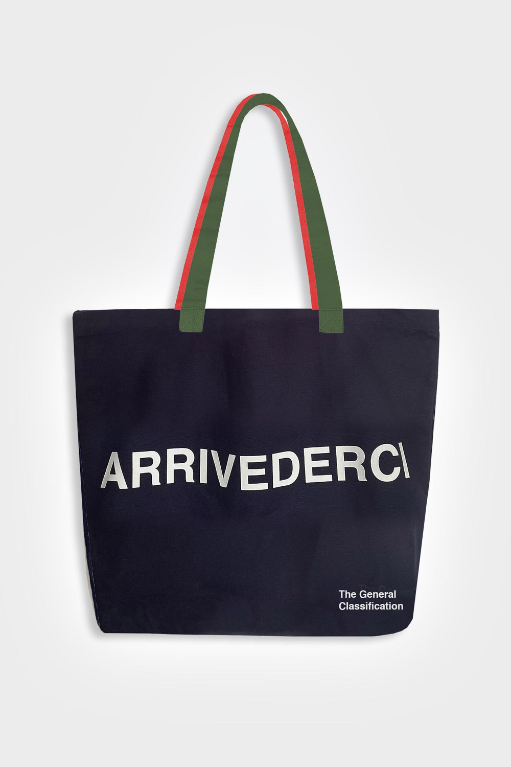 A navy blue canvas tote bag with green and red shoulder straps, featuring the white text 'ARRIVEDERCI' on the front and 'The General Classification' in the bottom right corner, set against a light gray background.