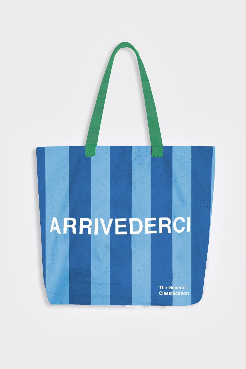 A blue and light blue vertically striped tote bag with green handles, featuring the white text 'ARRIVEDERCI' across the front and 'The Gentle Classification' near the bottom right, set against a light gray background.