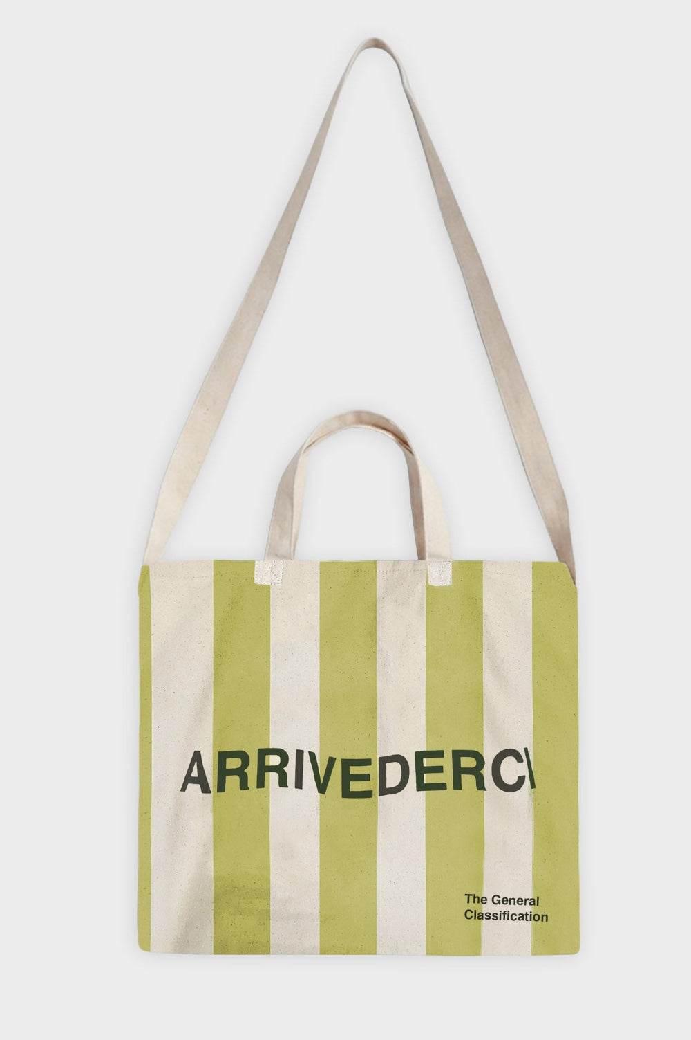 A vertical striped canvas tote bag with olive green and cream stripes, featuring the brand name 'ARRIVEDERCI' printed in black across the center and 'The General Classification' in the bottom right corner. The bag has two cream-colored shoulder straps and is shown against a plain light grey background.