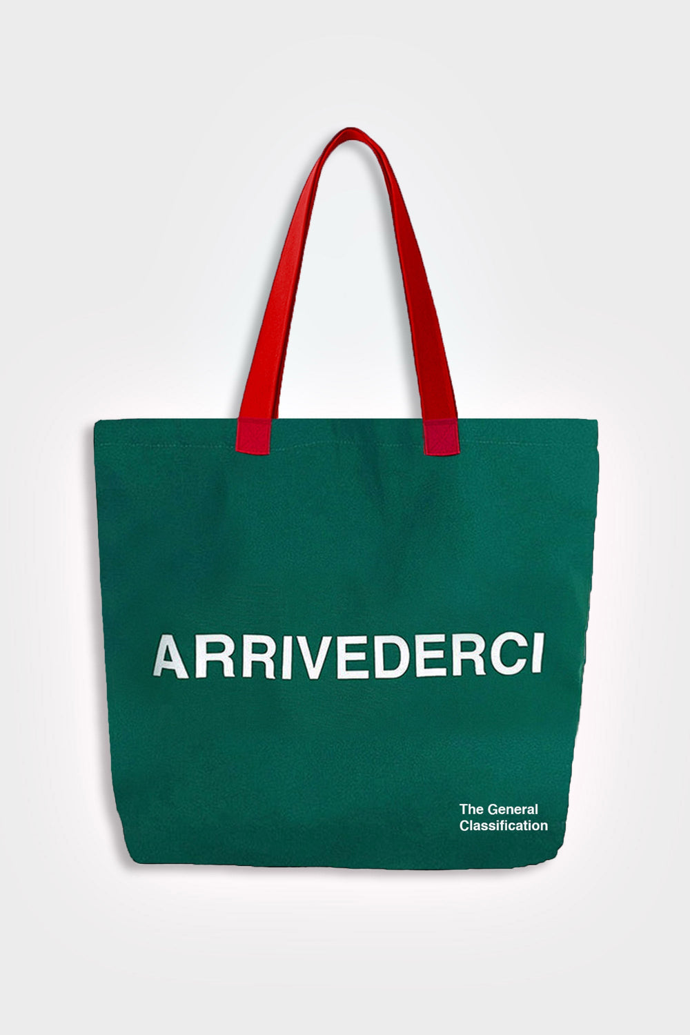 Green tote bag with red handles and 'ARRIVEDERCI' text on a white background