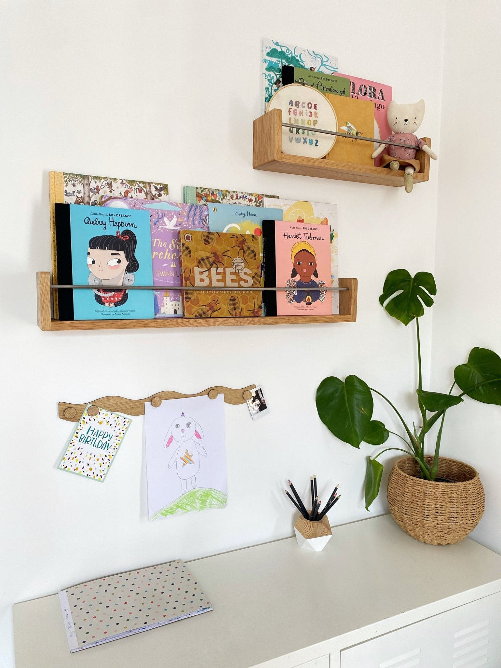 Wooden shelves with books and a plant on a white wall