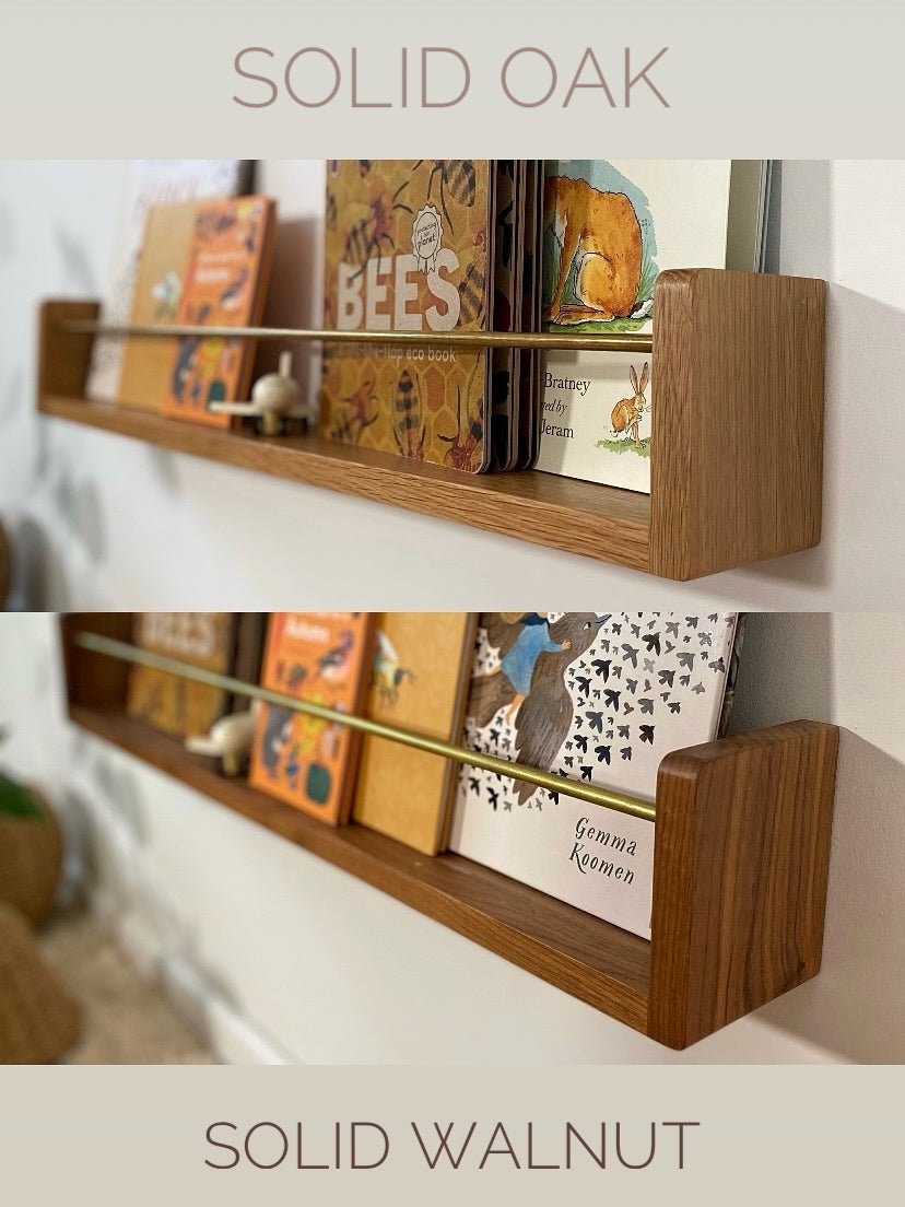 Wooden shelves with books on a white wall, labelled 'Solid Oak' and 'Solid Walnut'.