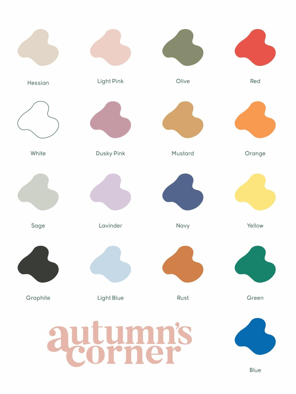Colour swatches with names and 'autumn's corner' branding