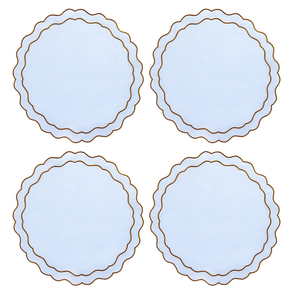Four round baby blue scalloped edge placemats with brown borders on a white background