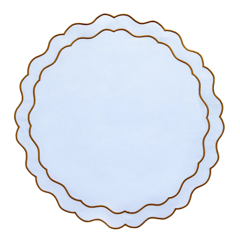 Round baby blue scalloped edge placemat on a white background