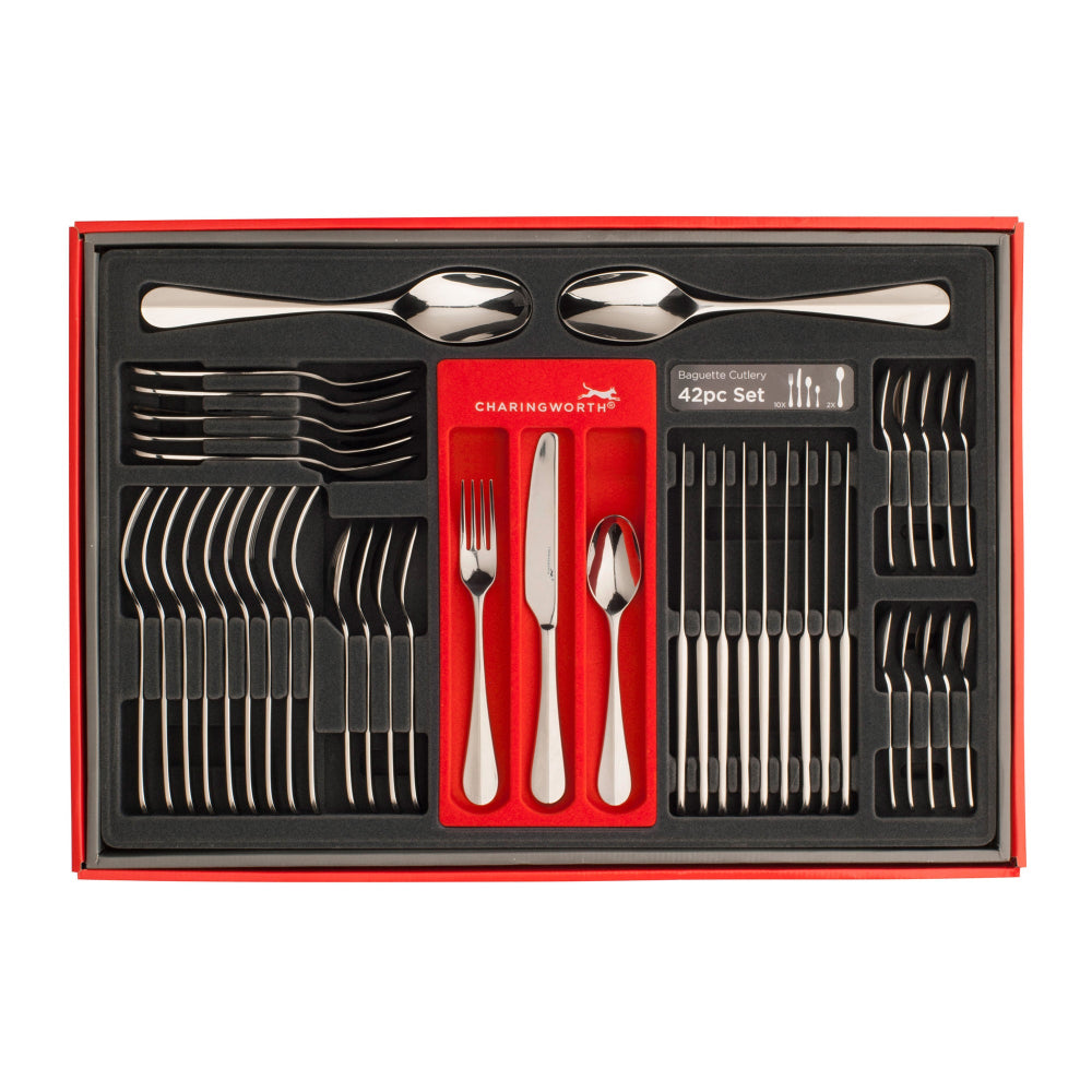 42-piece silverware set in a red and black box with Charingworth branding.