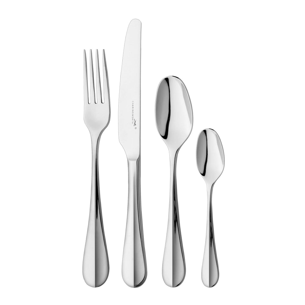 A set of silver flatware on a white background, including a dinner knife, dinner fork, dessert spoon, and teaspoons, reflective of a polished mirror finish.