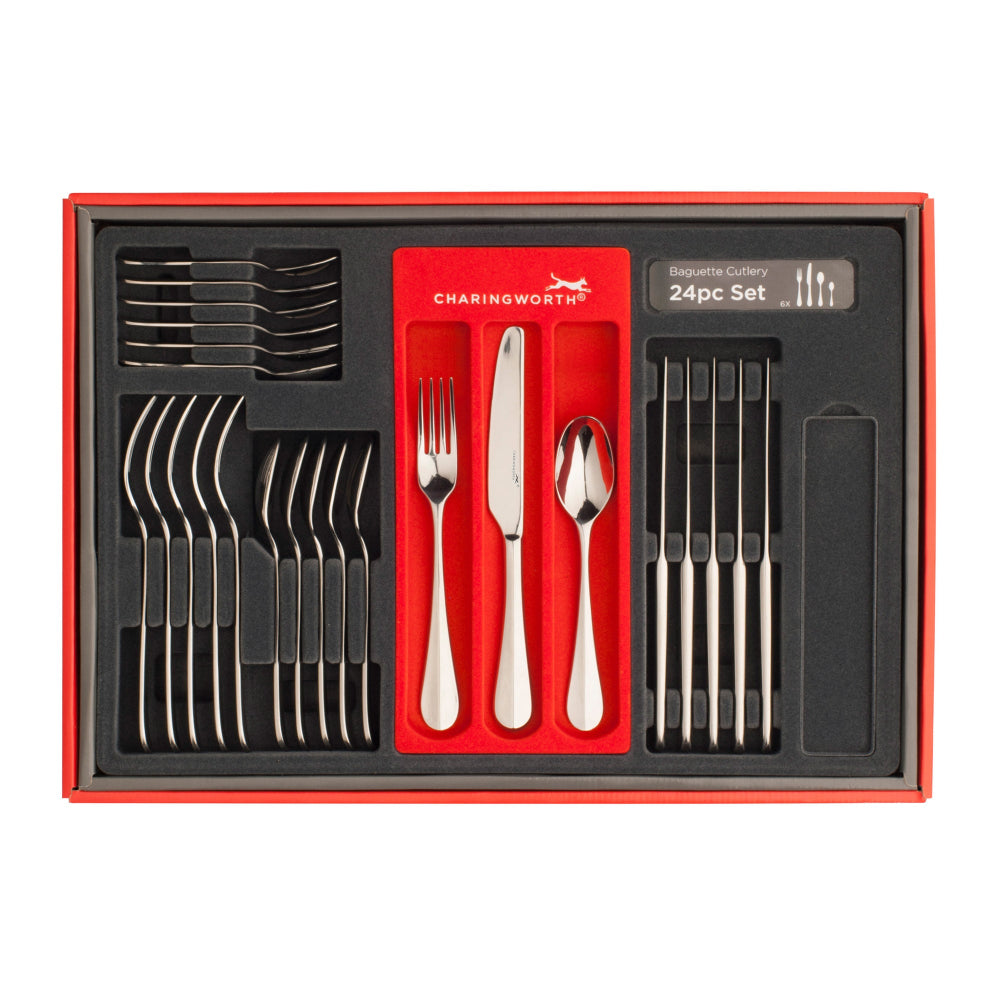 Charingworth 24-piece cutlery set in a red and black box on a white background
