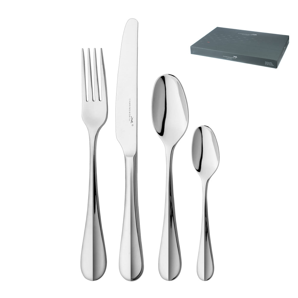 A set of silver flatware on a white background, including a dinner knife, dinner fork, dessert spoon, and teaspoons, reflective of a polished mirror finish.