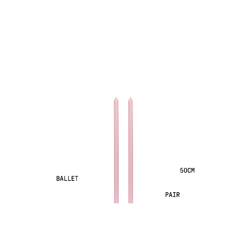 Two pink tapered candles with text indicating 'Ballet', 'Pair', and '50cm' on a white background.
