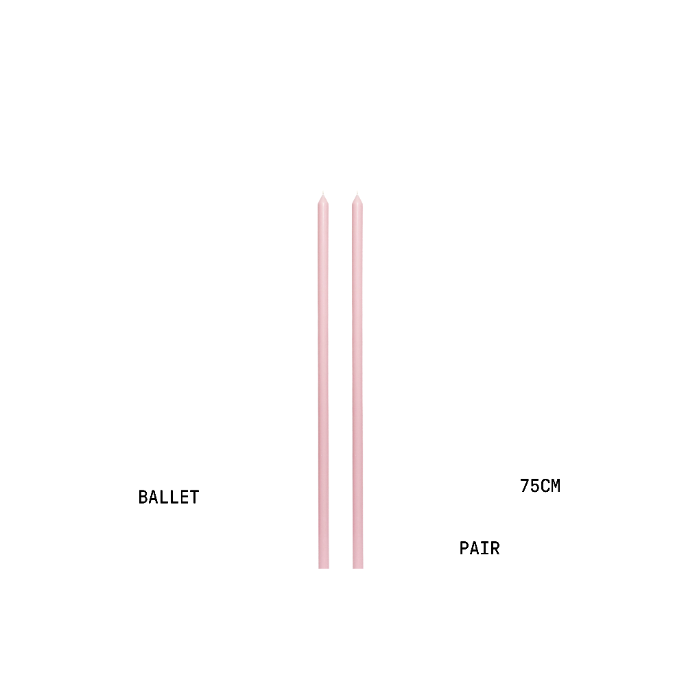 Two pink candles with text indicating 'Ballet', 'Pair', and '75CM' on a white background.