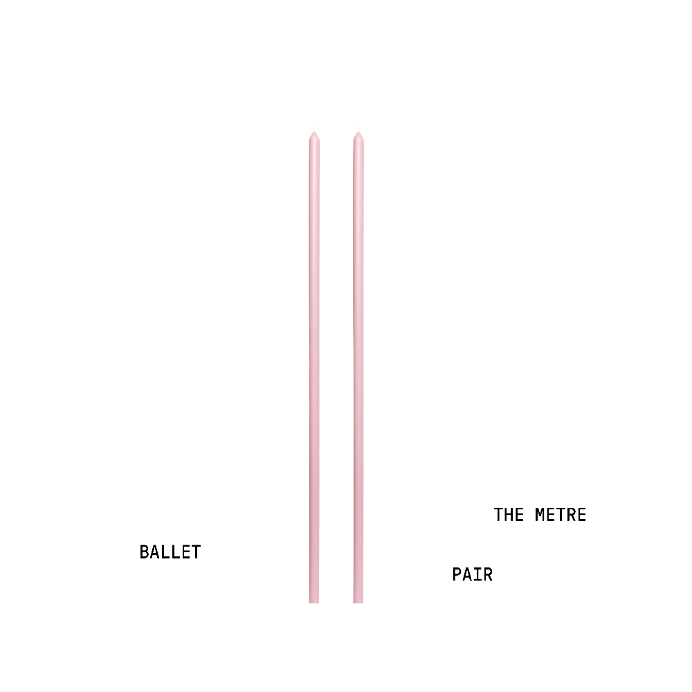 Two pink metre long candles with labels 'Ballet' and 'The Metre Pair' on a white background.