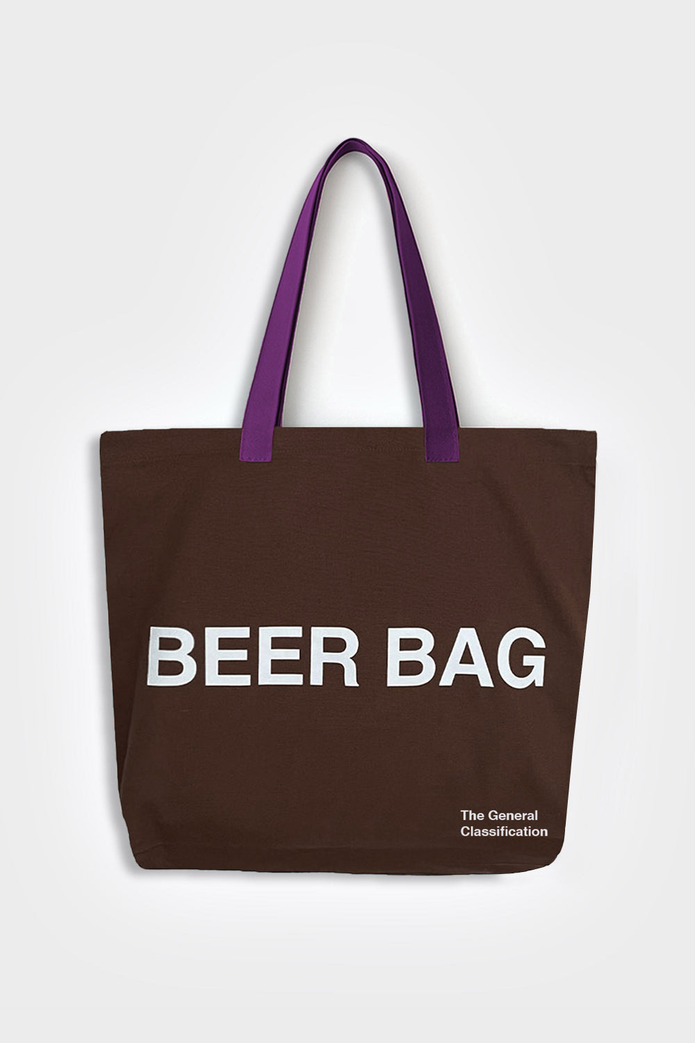 Brown tote bag with 'BEER BAG' text and purple handles on a white background