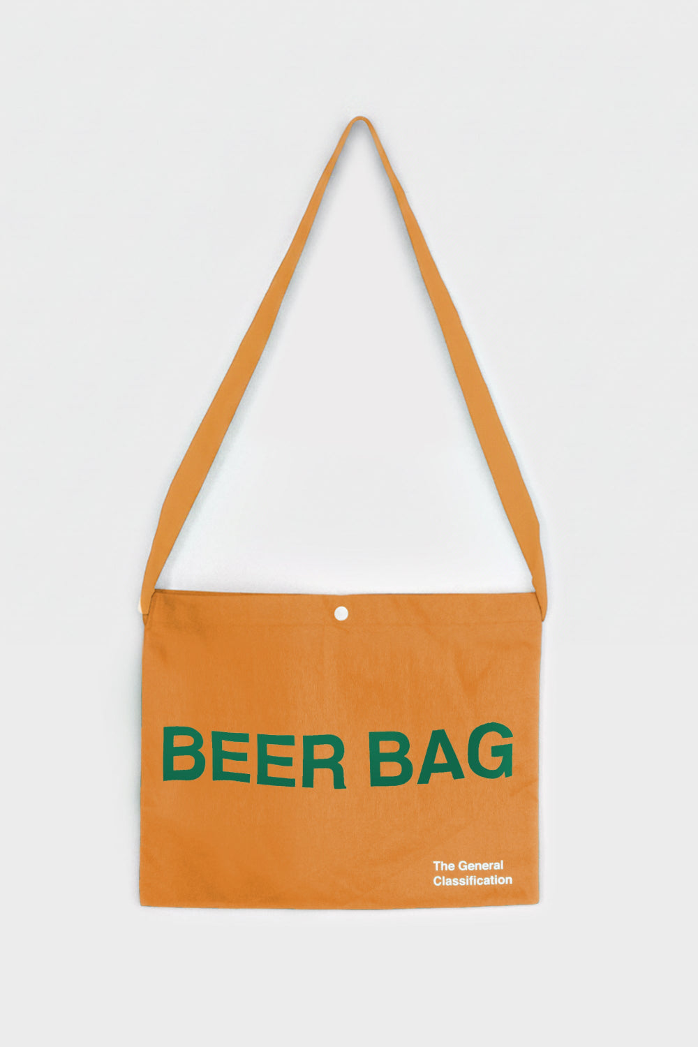 Orange 'Beer Bag' with green text on a white background