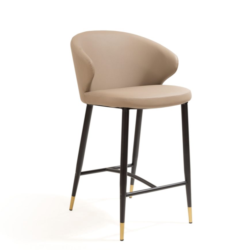 Beige bar stool with black legs and gold accents on a white background