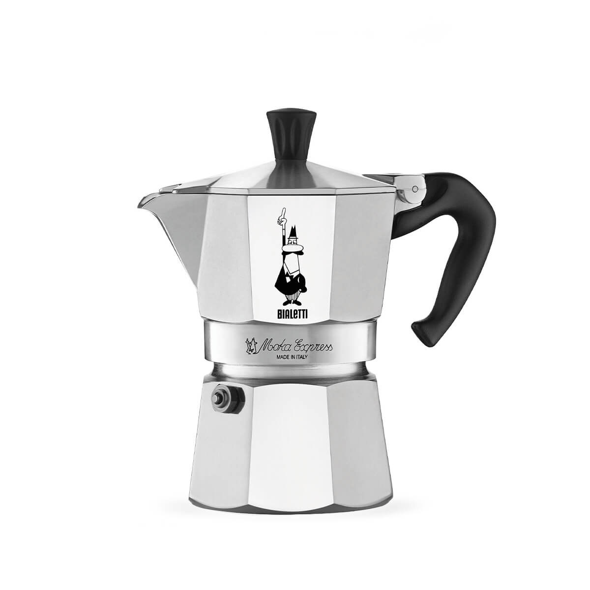 Bialetti Moke express stovetop coffee maker with black handle on a white background and made in Italy logo