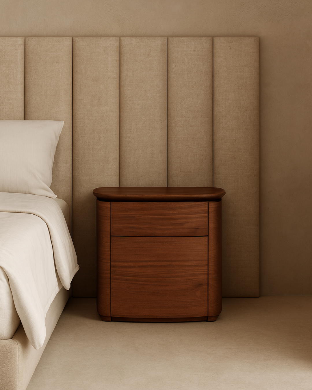 Wooden nightstand next to a bed with beige bedding and headboard.
