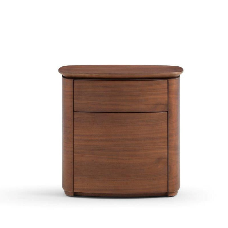 Wooden walnut bedside table with two drawers on a white background