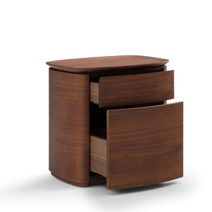 Wooden nightstand with two drawers on a white background