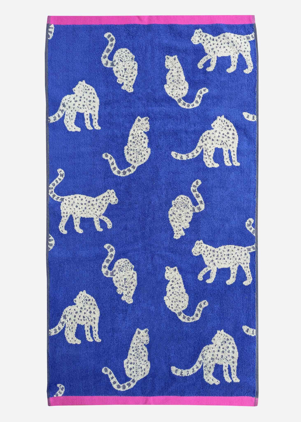 Blue towel with white leopard pattern and pink border